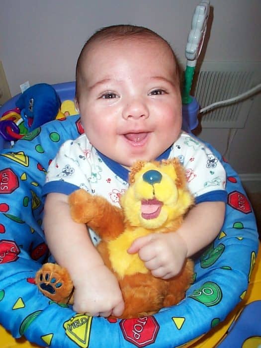 Baby with Bear in the Big Blue House stuffed animal.