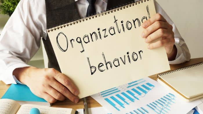 organizational behavior man sitting at desk holding up organizational behavior sign