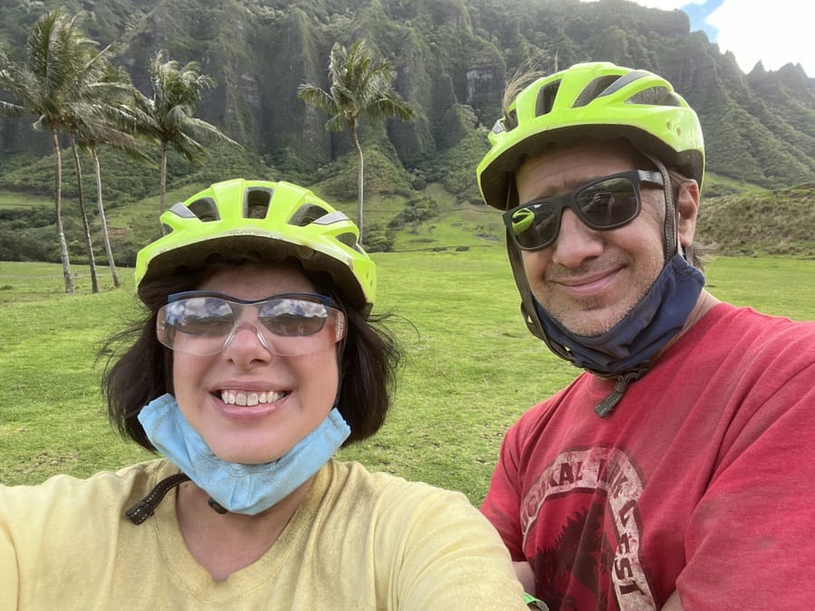 Parents geared up for a dusty ATV tour in Hawaii